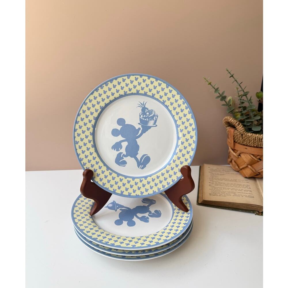 Vintage Disney Chef Mickey Mouse Silhouette Stoneware Dessert Salad Plates Set 4